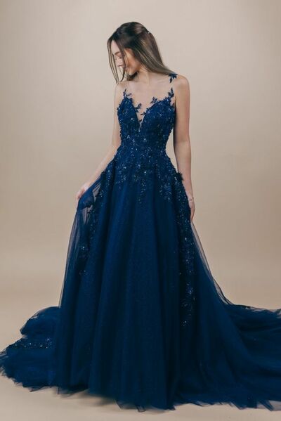 Royal Blue Ball Gown Tulle Lace Appliques Prom Dress Formal Evening Dresses