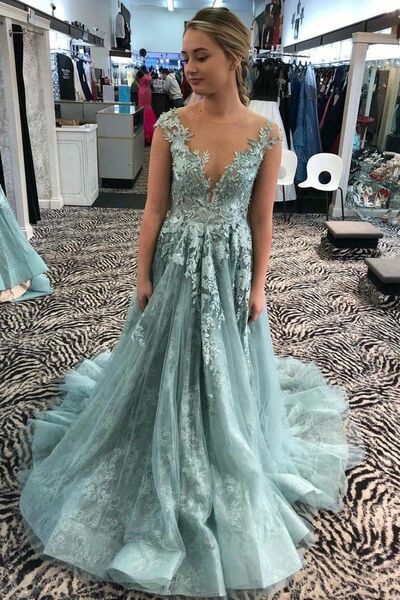 Ball Gown Blue Lace Appliques Prom Dress Evening Gowns