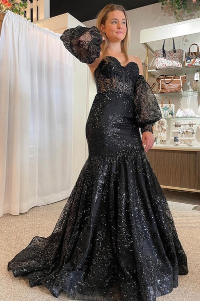 Cute Sweetheart Black Sequins Lace Mermaid Prom Dresses with Sleeves,PD231125