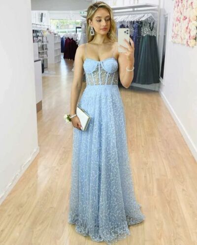 Blue A Line Sequins Prom Dress Evening Gowns