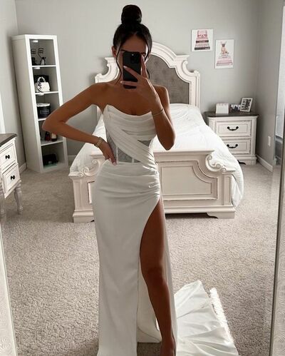Simple Sheath Sequins Side Slit Prom Dress Evening Gowns