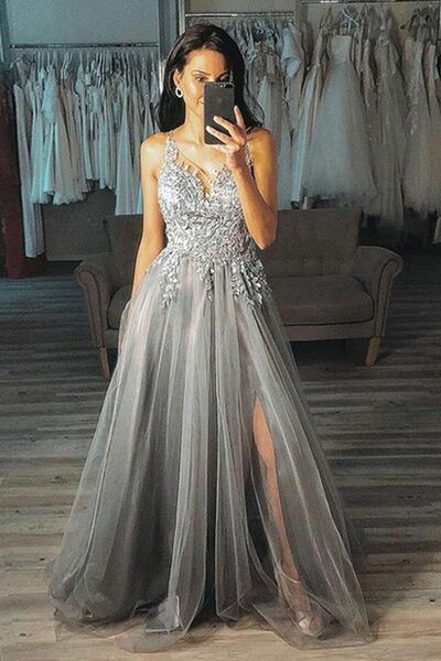 Grey ALine Tulle Lace Appliques Prom Dress Evening Gowns