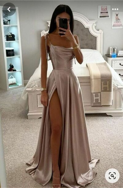 Champagne A Line Side Slit Prom Dress Evening Gowns