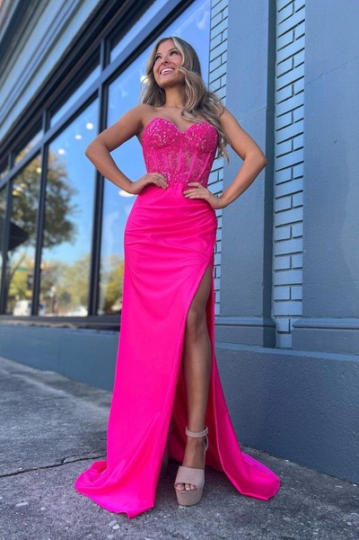 Charming Sweetheart Hot Pink Satin Mermaid Prom Dresses with Slit ,PD231132
