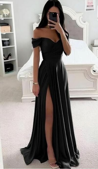 Simple A Line Black Side Slit Prom Dress Evening Gowns