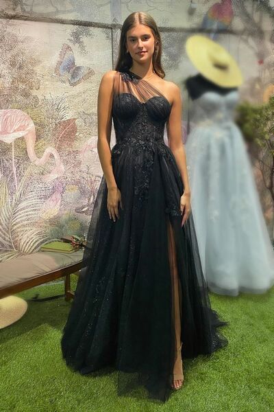 Black A Line One Shoulder Lace Prom Dress Evening Gowns