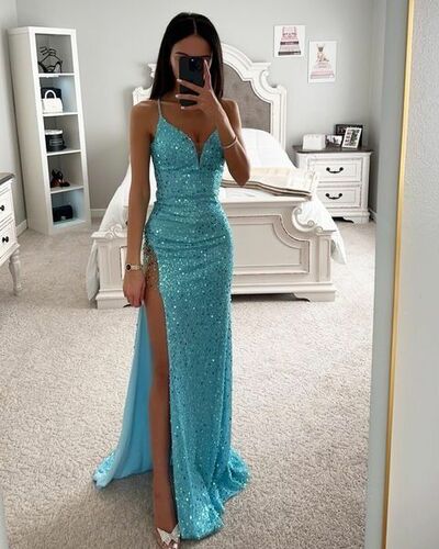 Elegant Sheath Sequins Lace Side Slit Prom Dress Formal Dress Evening Gowns