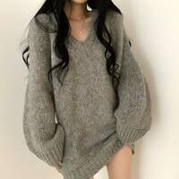 Cozy V-neck Solid Knitted Sweater - Thumbnail 1