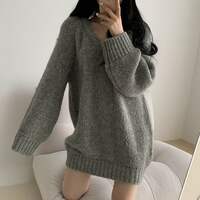 Cozy V-neck Solid Knitted Sweater - Thumbnail 3