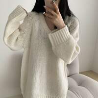 Cozy V-neck Solid Knitted Sweater - Thumbnail 4