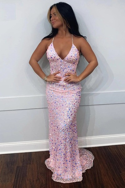 Cute Sparkly V Neck Pink Sequins Mermaid Prom Dresses ,PD231146