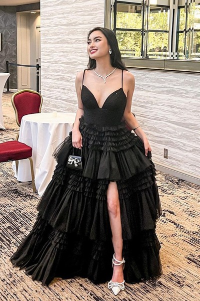 Charming Black Ball Gown V Neck Tulle Long Prom Dresses with Slit ,PD231150