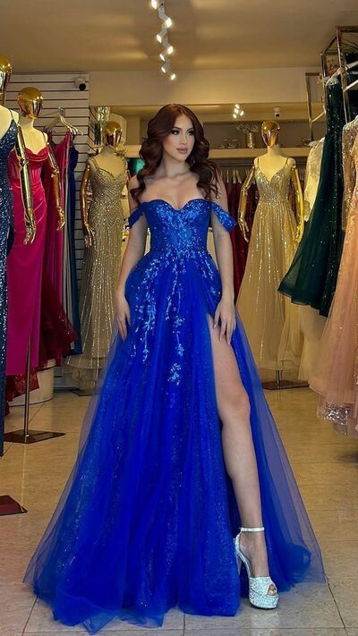 Elegant Royal Blue Lace Appliques Side Slit Prom Dress Formal Dress Evening Gowns