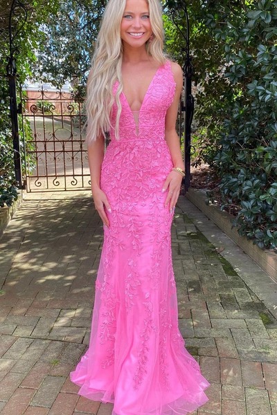 Charming V Neck Hot Pink Lace Long Mermaid Prom Dresses,PD231151