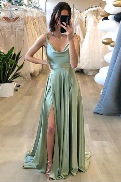 Charming Cowl Neck Sage Green Silk Satin A Line Long Prom Dresses with Slit,PD231154