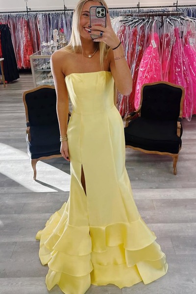 Cute Strapless Yellow Satin Tiered Mermaid Prom Dress with Slit ,PD231157