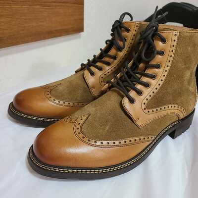 Handmade Tan Brown Suede Wingtip Ankle High Lace Up Boot