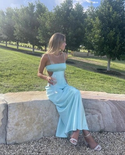 Charming Sheath Straps Aqua Blue Silk Satin Prom Dress ,PD231162