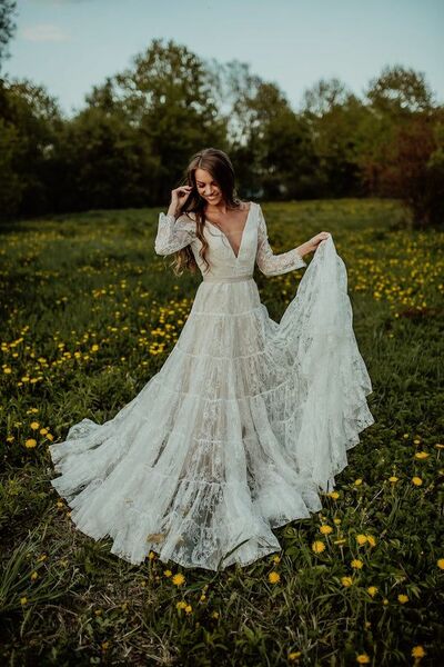 Boho A-line Wedding Dress, Bohemian Lace Bridal Dress Wedding Gown