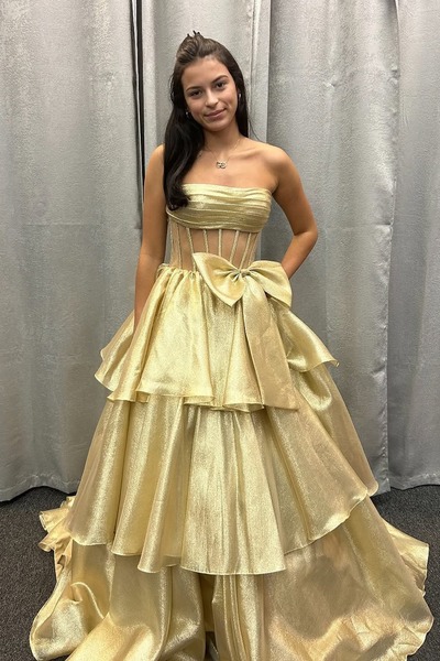 Ball Gown Gold Organza Tiered Strapless Prom Dresses with Bow,PD231165