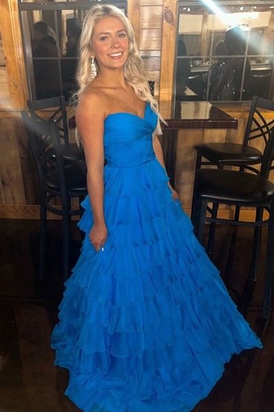 Cute Royal Blue A Line Sweetheart Chiffon Tiered Long Prom Dresses,PD231167
