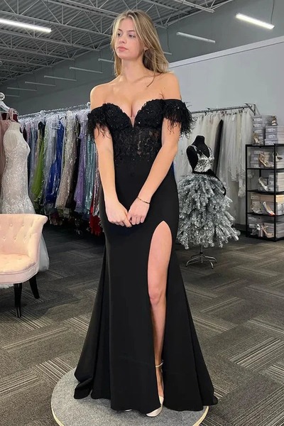 Charming Off the Shoulder Black Lace Slit Mermaid Prom Dress with Feather,PD231168