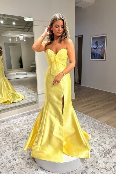 Cute Yellow Strapless Satin Slit Mermaid Prom Dress with Bow,PD231171