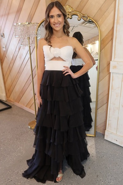Fashion White Sheath Strapless Keyhole Black Chiffon Tiered Prom Dress,PD231172