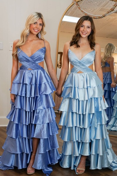 Fairy V Neck Tiered Satin A Line Long Prom Dress with Slit ,PD231174