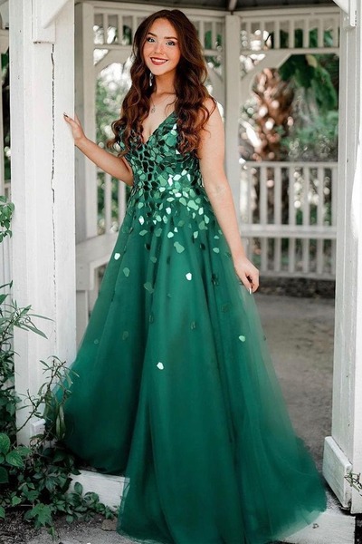 Cute Green A Line V Neck Tulle Prom Dresses with Beading,PD231178