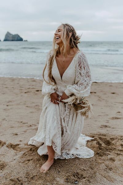 Sexy Boho A-line Wedding Dress, Bohemian Lace Bridal Dress Wedding Gown