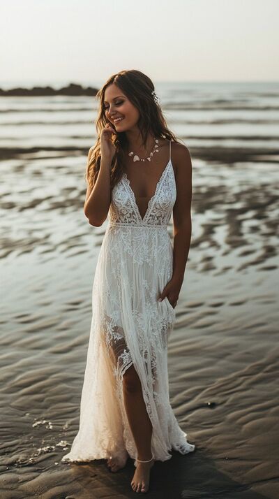 Boho Sheath Wedding Dress, Bohemian Lace Bridal Dress Wedding Gown