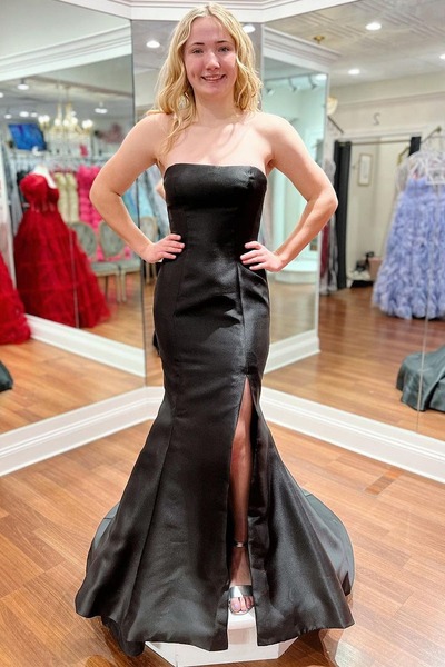 Mermaid Black Strapless Satin Prom Dress with Slit ,PD231190