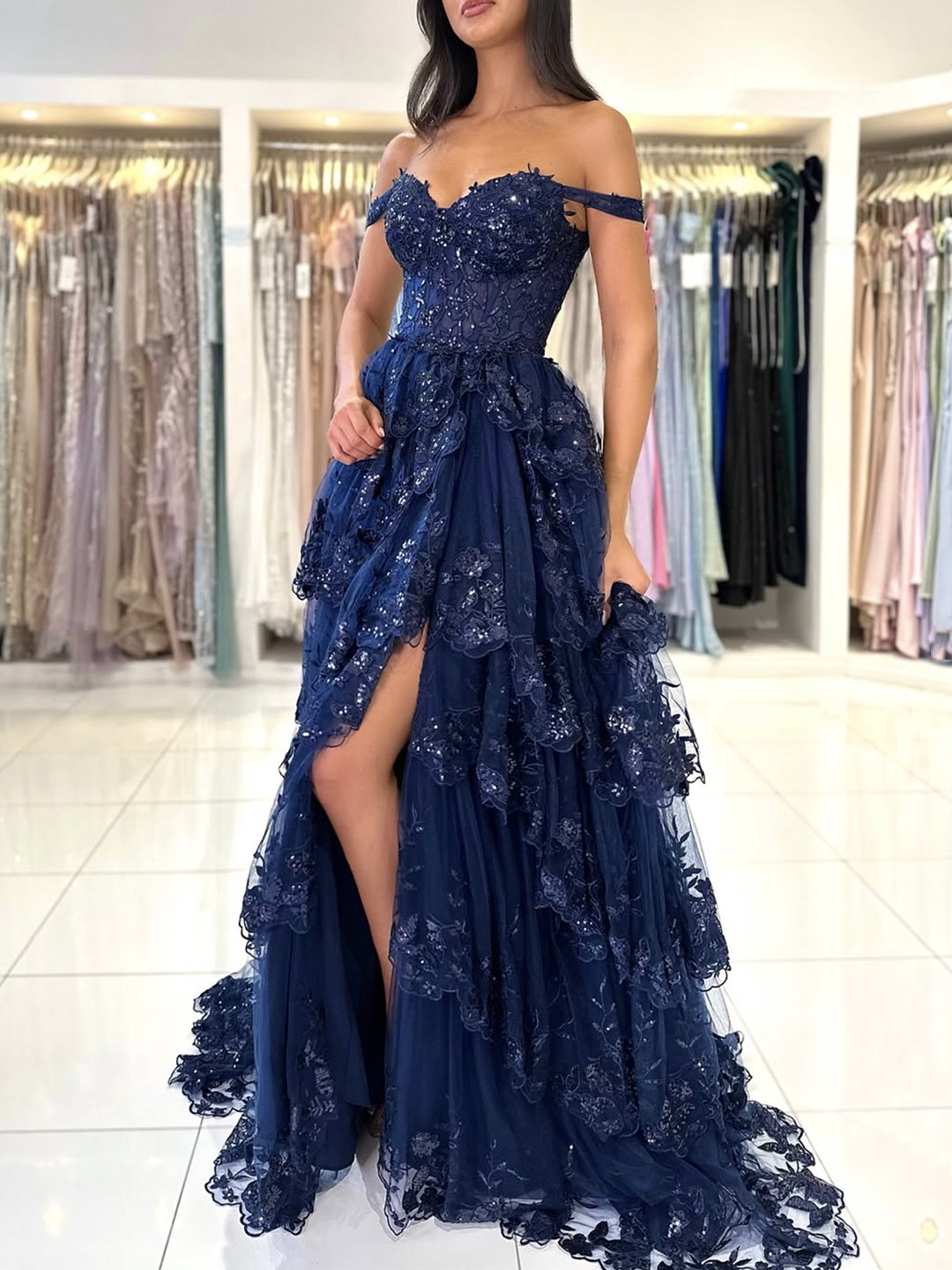 Blue Lace Sequins Layered Long Prom Dresses, Off the Shoulder Evening Party Dress
