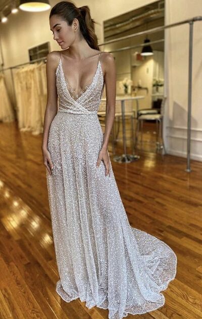 Sexy V-neck Sheath Wedding Dress, Sparkle Bling Bling Sequins Lace Bridal Dress