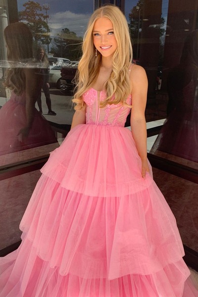 Cute Pink Tiered Tulle A-Line Long Prom Dresses,PD231192