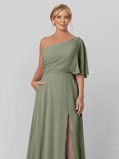 Elegant Plus Size One Shoulder Chiffon Mother of Bride Groom Dress