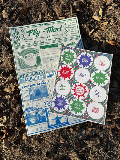 Flymart --- (Screen-printed newspaper print w/ stickers) ---- by Jeremy Kennedy & Mark Rice