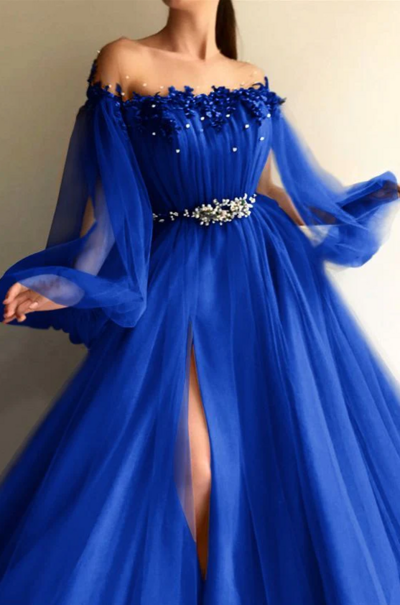 Elegant Off-the-Shoulder Long Sleeves Royal Blue Evening Dresses With Beads
