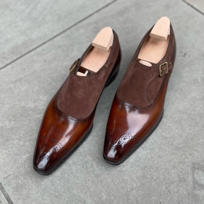 Handmade men brown suede leather monk strap dress shoes - Thumbnail 3