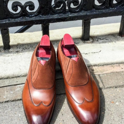 Handmade men brown suede leather wingtip dress shoes - Thumbnail 2