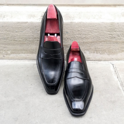 Handmade men black calf leather moccasin loafers dress shoes - Thumbnail 3