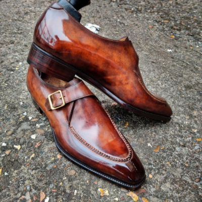 Handmade men brown leather monk strap dress shoes - Thumbnail 3