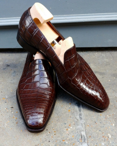 Handmade Men Brown Crocodile/Alligator Leather Loafers Dress Shoes