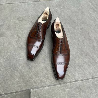 Handmade men brown leather oxford dress shoes - Thumbnail 3