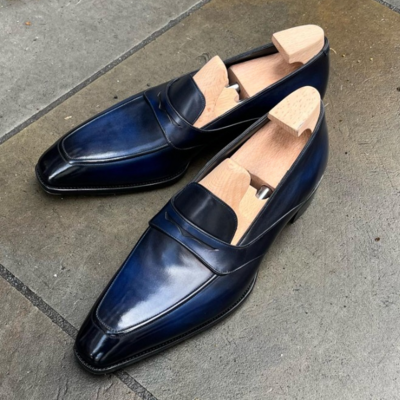 Handmade men blue leather moccasin loafers dress shoes - Thumbnail 3