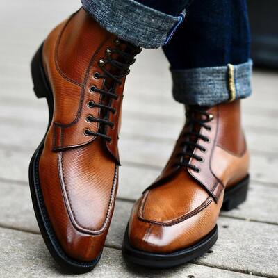 Handmade brown grain leather split toe ankle high boot - Thumbnail 3