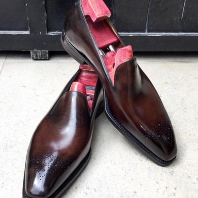 Handmade men brown leather moccasin loafers dress shoes - Thumbnail 3