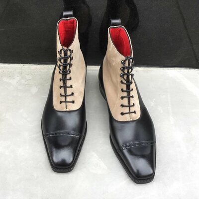 Handmade Black Calf /Suede Leather Ankle High Lace up Dress Boot