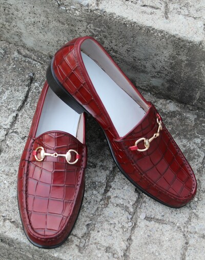 Crafted Leather Handmade Burgundy Crocodile Moccasin Shoes, Men Classic Horsebit Loafers Dress Shoes